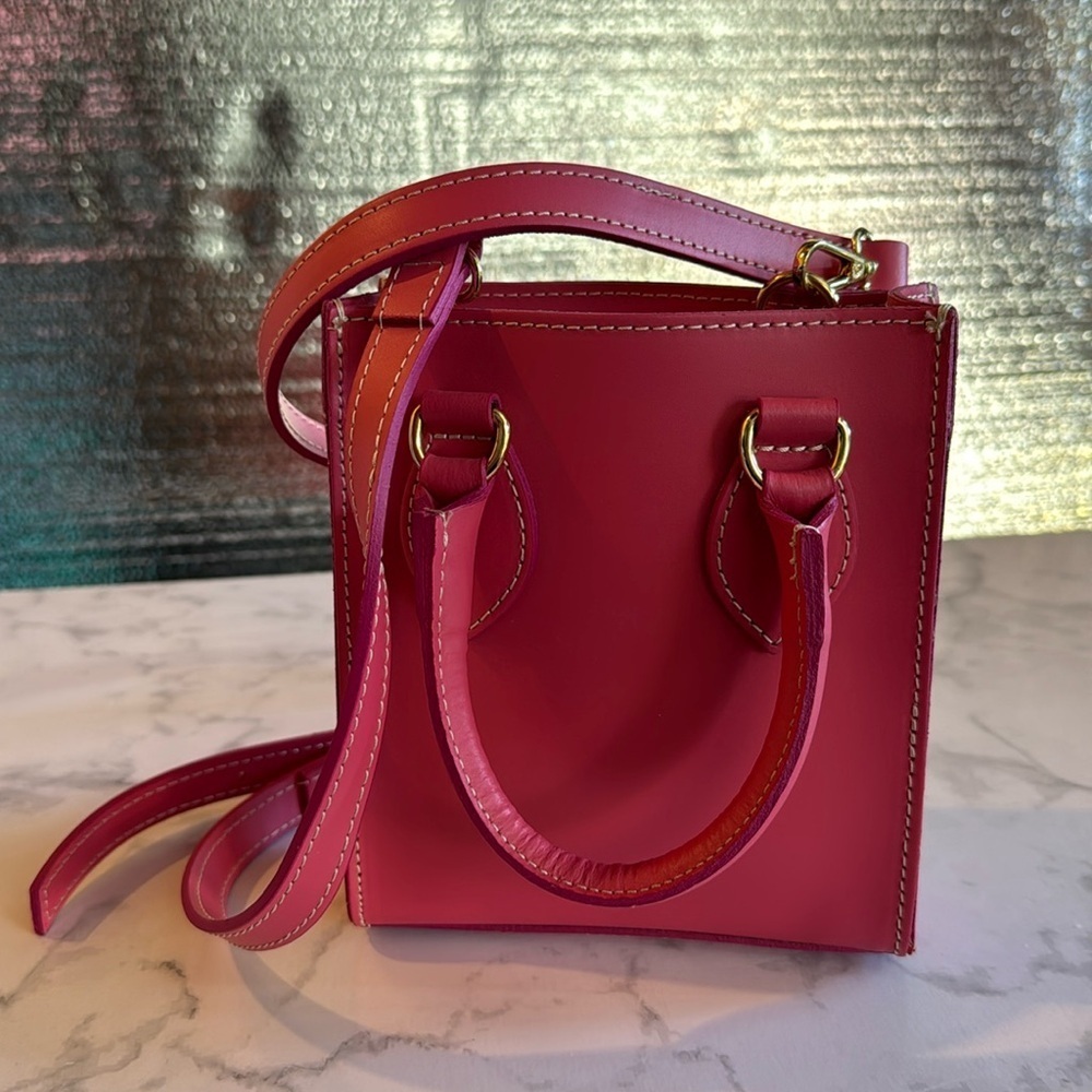 New Anna Paola Leather Crossbody Handbag Fuxia Pink With Long Strap Handles